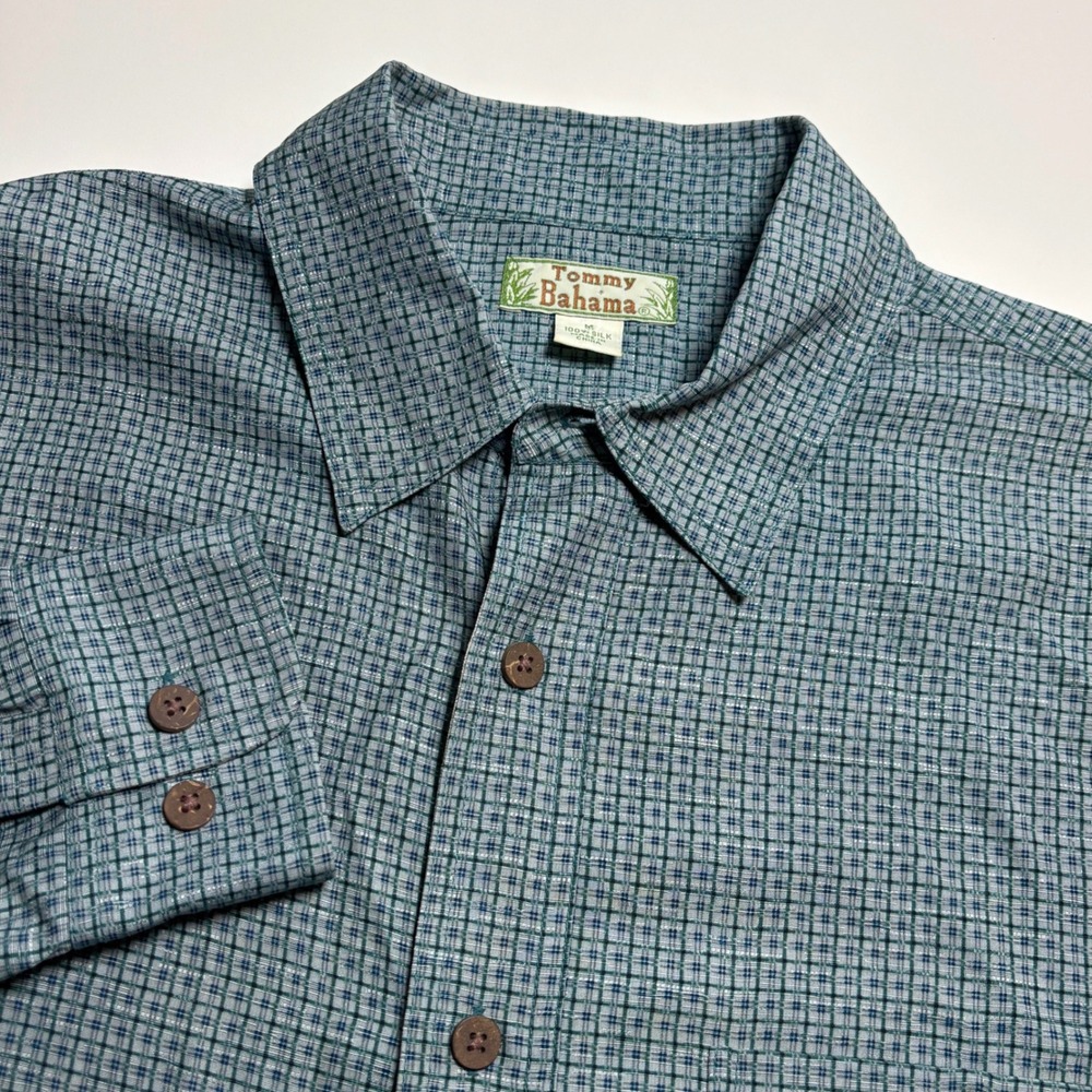 Tommy Bahama 100% Silk Men M Blue Green Grid Long Sleeve Button Down Shirt Stain